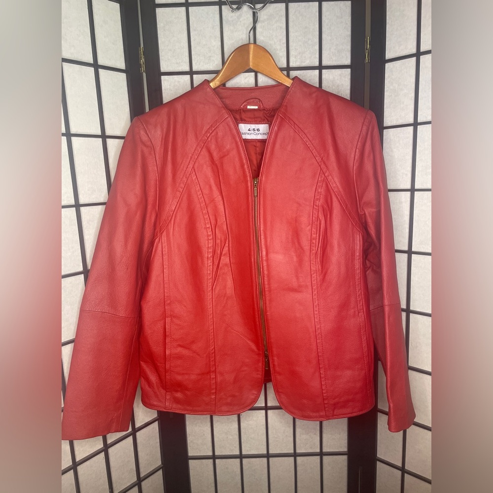 Vintage 4 5 6 Fashion Concept Red Pig Nappa Jacket Pig Skin Leather Size 14 US